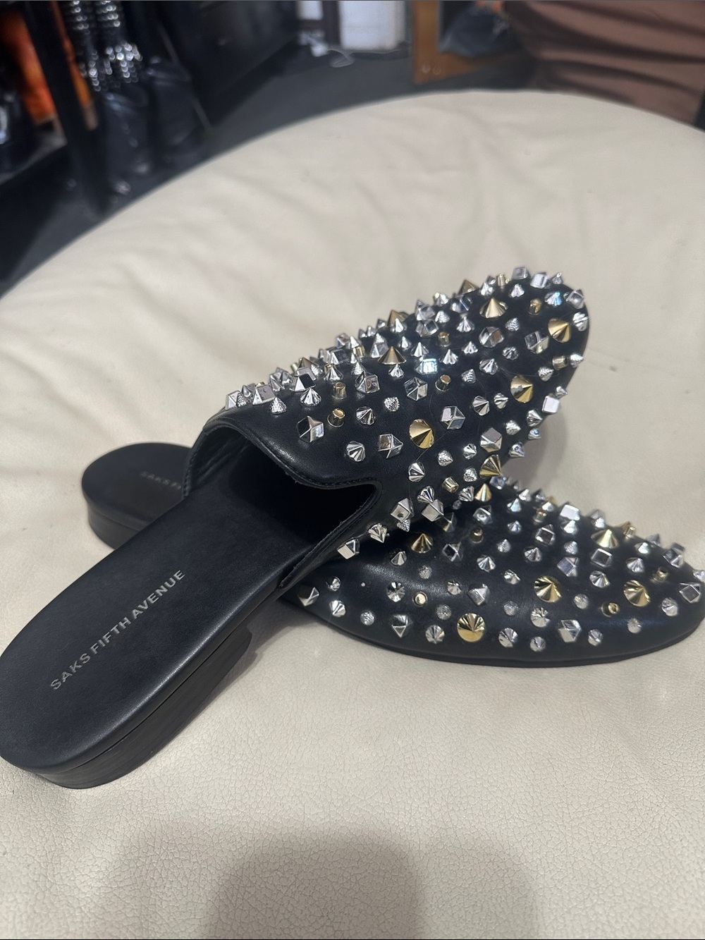 Saks Fifth Avenue Black Studded Slip-On Mules with Metallic Spikes Mens US 13